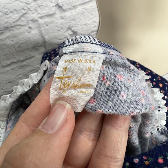 Vintage Texsheen Blue Floral Nightgown Prairie Ruffle Size M Maxi Long Sleeve - Picture 6 of 7